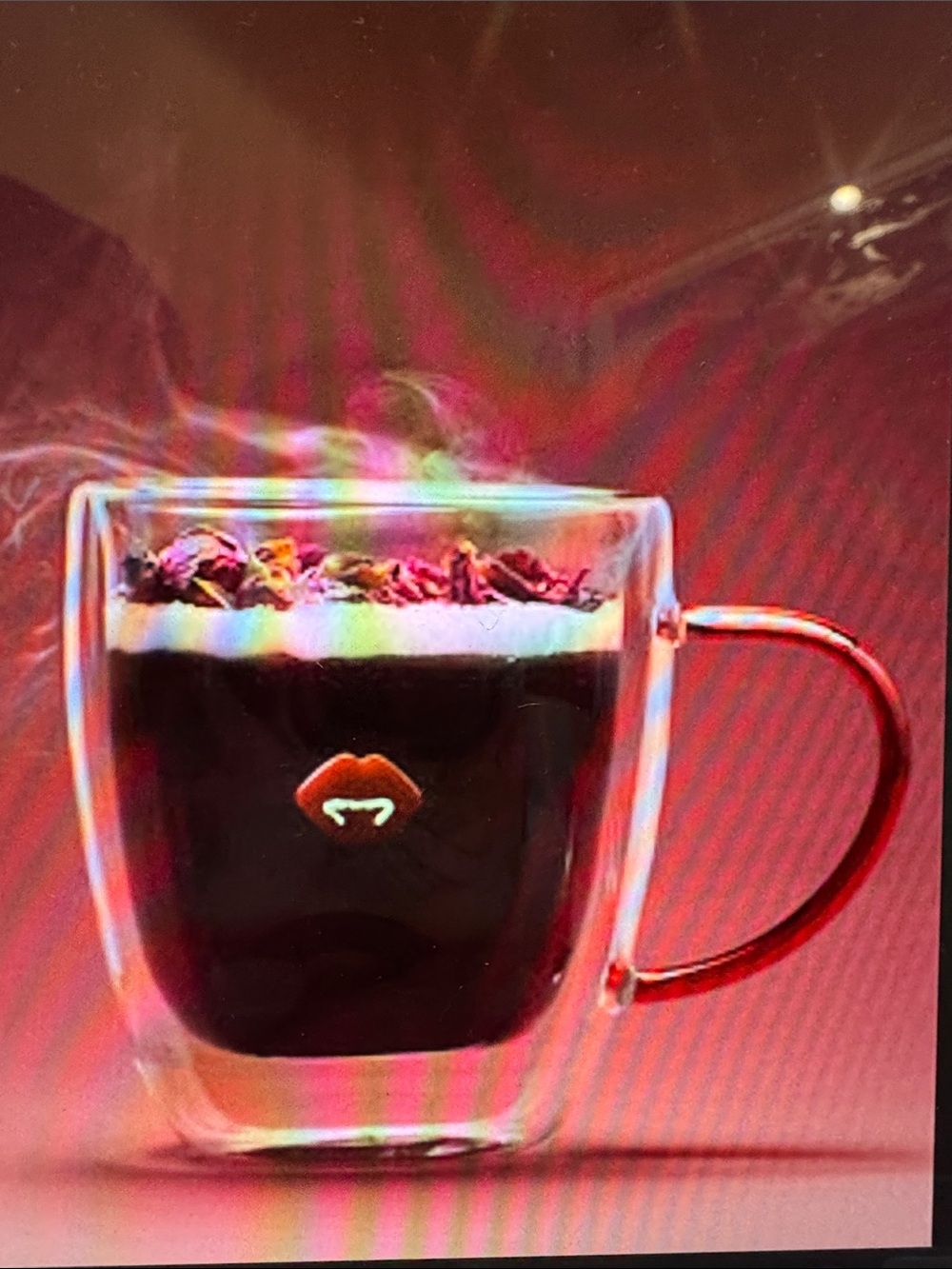 Anthropologie Black Glass Mug with Red Handle and Rose Accent